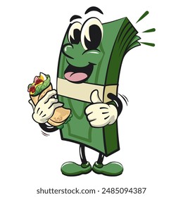 character of a bundle of cash money cartoon vector isolated clip art mascot illustration carrying a burritos while giving a thumbs up, work of hand drawn