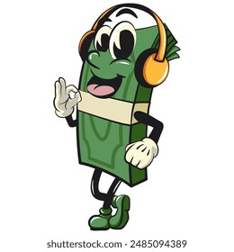 character of a bundle of cash money cartoon vector isolated clip art mascot illustration wearing a headset, work of hand drawn