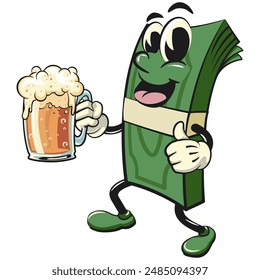 character of a bundle of cash money cartoon vector isolated clip art mascot illustration raising a large beer glass while giving a thumbs up, work of hand drawn