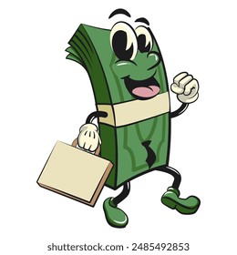 character of a bundle of cash money cartoon vector isolated clip art mascot illustration wearing a tie and carrying a suitcase rushing to the office, work of hand drawn