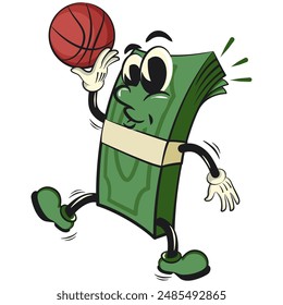 character of a bundle of cash money cartoon vector isolated clip art mascot illustration playing basketball, work of hand drawn