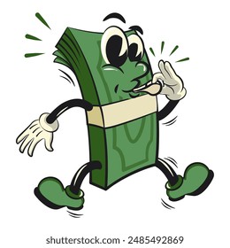 character of a bundle of cash money cartoon vector isolated clip art mascot illustration is blowing the whistle, work of hand drawn