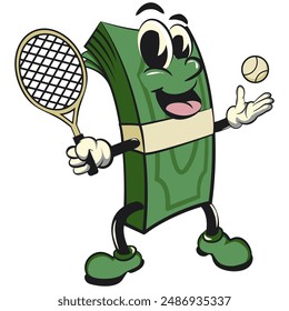 personaje de un Paquete de dinero en efectivo Vector de dibujos animados aislado Clip arte mascota ilustración jugando al tenis, trabajo de dibujado a mano