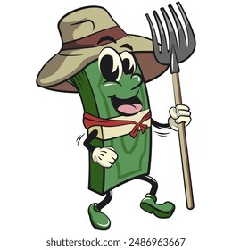 character of a bundle of cash money cartoon vector isolated clip art mascot illustration as farmer in hat with his fork, work of hand drawn