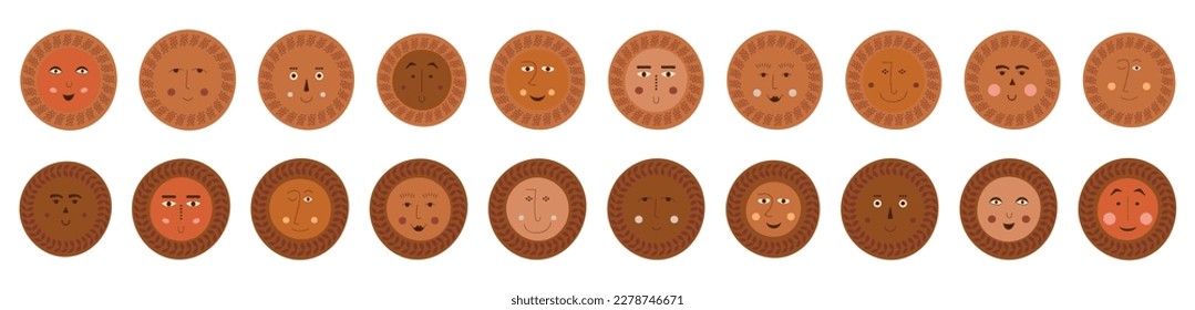 Character bundle, imaginary abstract faces. Cute faces, various feelings, guy droll visage. Giggly design for branding
