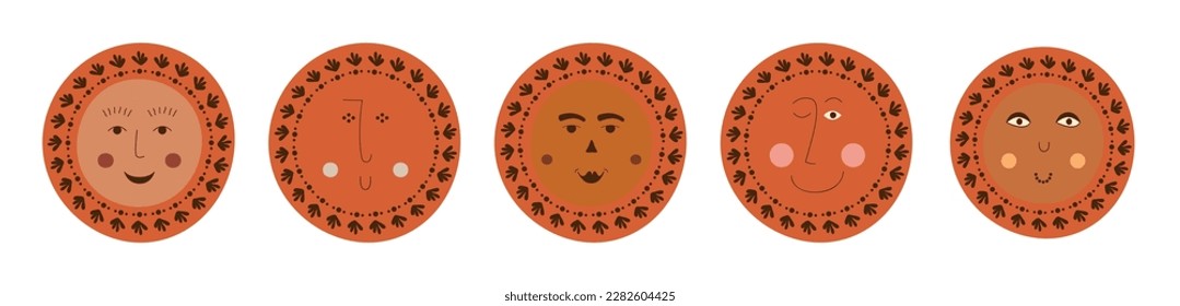 Character bundle, imaginary abstract faces. Badge stickers, diverse mood, dude strange appearance. Giggly design for branding
