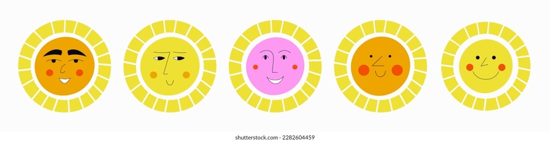 Character bundle, positive suns. Badge stickers, diverse mood, sun small figure. Giggly design for branding

