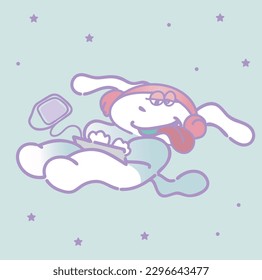 A character with bunny ears. Swaying in space, SNS addiction. Vector illustration written with handwritten purplr lines