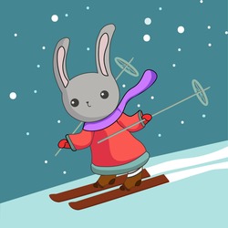Character Bunny On Ski Vector 