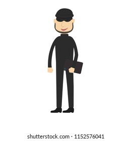 The character of a burglar holding a lap top. Two sets of eyes; close and open.