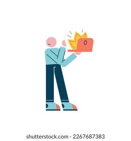 Character with burning laptop. Deadline, error, stress, burnout concept. Vector illustration in a flat style