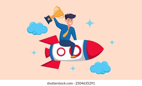 Character Business Illustration Design Achieving Winning, Achieving Success. Skyrocketing Character Concept
