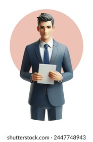 Character business man with tablet , business man 3D character , Vector illustration .