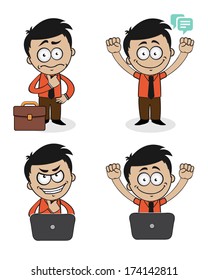 A character for a business man wearing an orange shirt and a brown pants and a black tie with black shoes thinking, happy, excited, confidence with a laptop and suitcase 