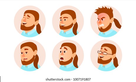 Character Business People Avatar Vector. Fat Bearded Man Face, Emotions Set. Creative Avatar Placeholder. Cartoon, Comic Art Illustration
