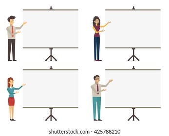 Character of business people, business man and woman, presenting with blank projection whiteboard screen. Vector character design, flat design, diverse and multi-ethnic, character set. 