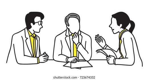 Character of business people meeting at table, business concept in discussion, presentation, planning, cooperation. Outline, linear, contour, thin line art, doodle, hand drawn sketch design.