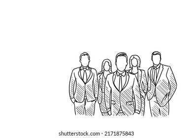 Character of business people standing with team. Hand drawn vector illustration design.