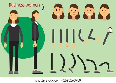 The character is a business woman. Character for animation. Set for your movement. Vector illustration.