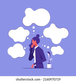 Character Of Business Woman With Her Finger To Her Chin, Thinking Too Much, Worried, Serious, Depressed, Surrounding With Blank Speech Bubble