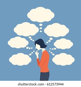 Character of business woman with her finger to her chin, thinking too much, worried, serious, depressed, surrounding with blank speech bubble. Side view, simple design.