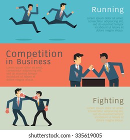 Character of businessman in business competition concept. Racing, fighting, and arm wrestling. Simple style with flat design.