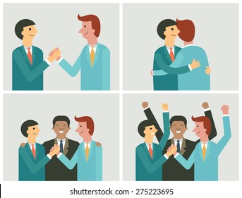 Character of businessman in cooperation concept. Shaking hands, teamwork, partnership, making a deal. Flat and simple design. 