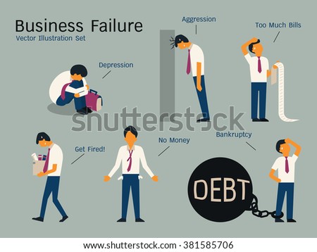 Character of businessman in failure concept, sitting alone in depression, get fired, no money, bankruptcy, banging head against wall, holding bills. Simple character with flat design.  