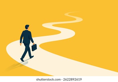 Character businessman follows the path of new opportunities and discoveries. Business route of success. Vector illustration.