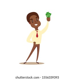 Character businessman happy holds dollar bills. Vector flat design illustration.