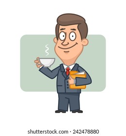 Character businessman holding cup of coffee