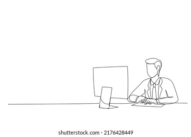 Character of Businessman Using Business Computer In Office Or Workplace. One line design style
