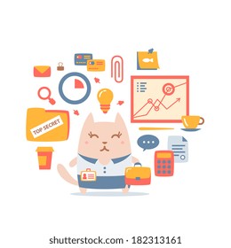 Character businessman in woman business suit colorful flat composition of professional accessories. Cat female stands smiling and holding a  office bag