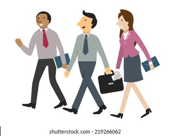 Character of businessman and woman walking and talking together in corporate or partnership concept. Simple design, isolated on white, separated layers for easy to use. 