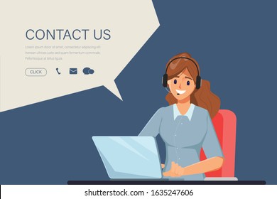 Character of businesswoman in Call center job. Animation scene for motion graphic. Contact us link on website information.