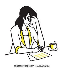 Character of businesswoman, office worker, cover her face with hand, feeling stressed, depressed, sad, headache, sick, worried or very busy on her desk, at work. Line draw sketch design, simple style.
