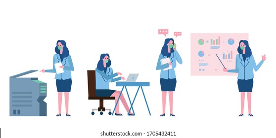 Character of businesswoman working in the virus covid-19 spreading. woman with protection mask. flat design vector illustration