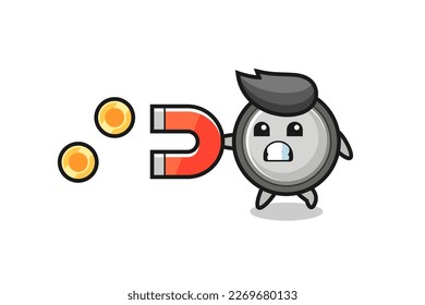 the character of button cell hold a magnet to catch the gold coins , cute style design for t shirt, sticker, logo element