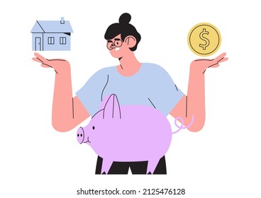 Character buy house, rent apartment or invest money in real estate property.Woman calculating mortgage rates. Concept of mortgage loan, real estate, home for sale, savings. Vector illustration.