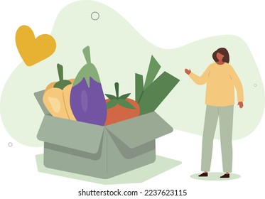 Personaje comprando verduras orgánicas frescas.ilustración vectorial.