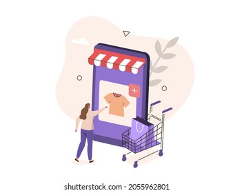 Character buying goods online on internet marketplace. Woman shopping online in mobile app. Shopping and retail concept. Flat isometric vector illustration.