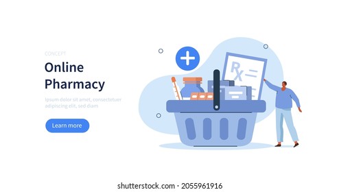 Character buying medicaments in online drugstore and putting medicine pills and bottles in shopping basket. Online pharmacy and medical service concept. Flat cartoon vector illustration.