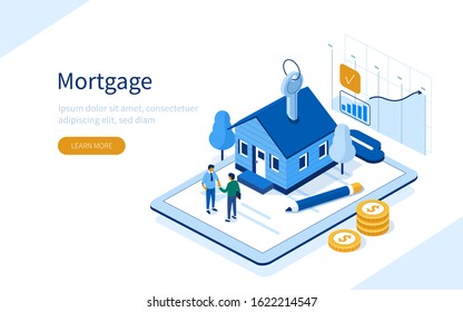 Character Buying Mortgage House and Shaking Hands with Real Estate Agent. People Invest Money in Real Estate Property. House Loan, Rent and Mortgage Concept. Flat Isometric Vector Illustration. - Shutterstock ID 1622214547