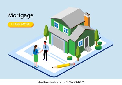 Character Buying Mortgage House and Shaking Hands with Real Estate Agent.