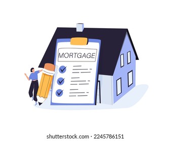 Character Buying Mortgage House and Shaking Hands with Real Estate Agent. People Invest Money in Real Estate Property. House Loan, Rent and Mortgage Concept. Flat Isometric Vector Illustration.