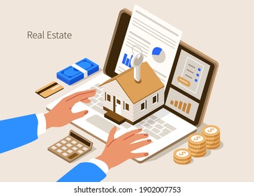 Character Buying new Home with Mortgage Approval Documents on Screen. People Invest Money in Real Estate Property. House Loan, Rent and Mortgage Concept. Flat Isometric Vector Illustration.
