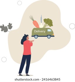 Character buying online fresh organic vegetables, paying for an order and getting groceries delivered.