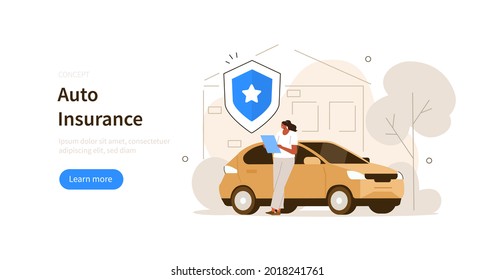 Character buying or renting car and reading auto insurance policy.  Car insurance services. Auto safety, assistance and protection concept. Flat cartoon vector illustration.
