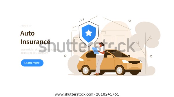 Character buying or
renting car and reading auto insurance policy.  Car insurance
services. Auto safety, assistance and protection concept. Flat
cartoon vector
illustration.
