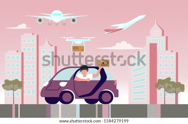 Сourier\
character by car. Delivery service working in city concept design\
in cartoon style. Flat Art Vector\
Illustration
